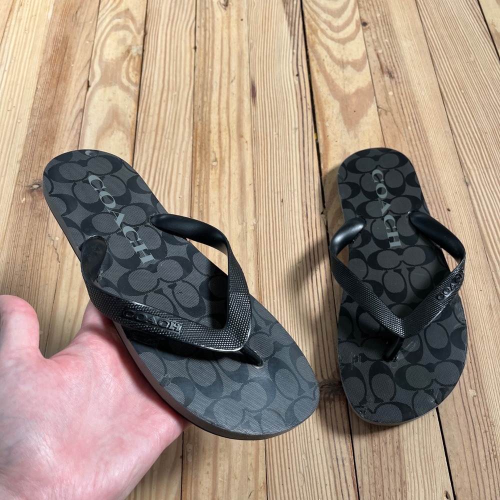 Coach Flip Flop Sandals Women Size 6 Black Grey Signature Monogram Thong READ